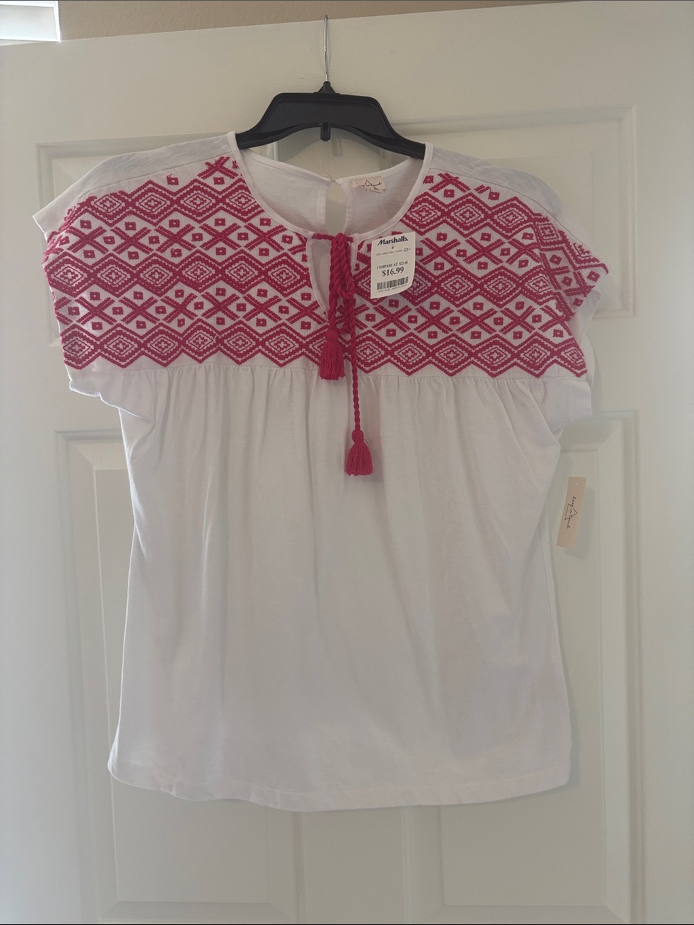 White Women’s Embroidered Peasant Blouse with Pink Detail
